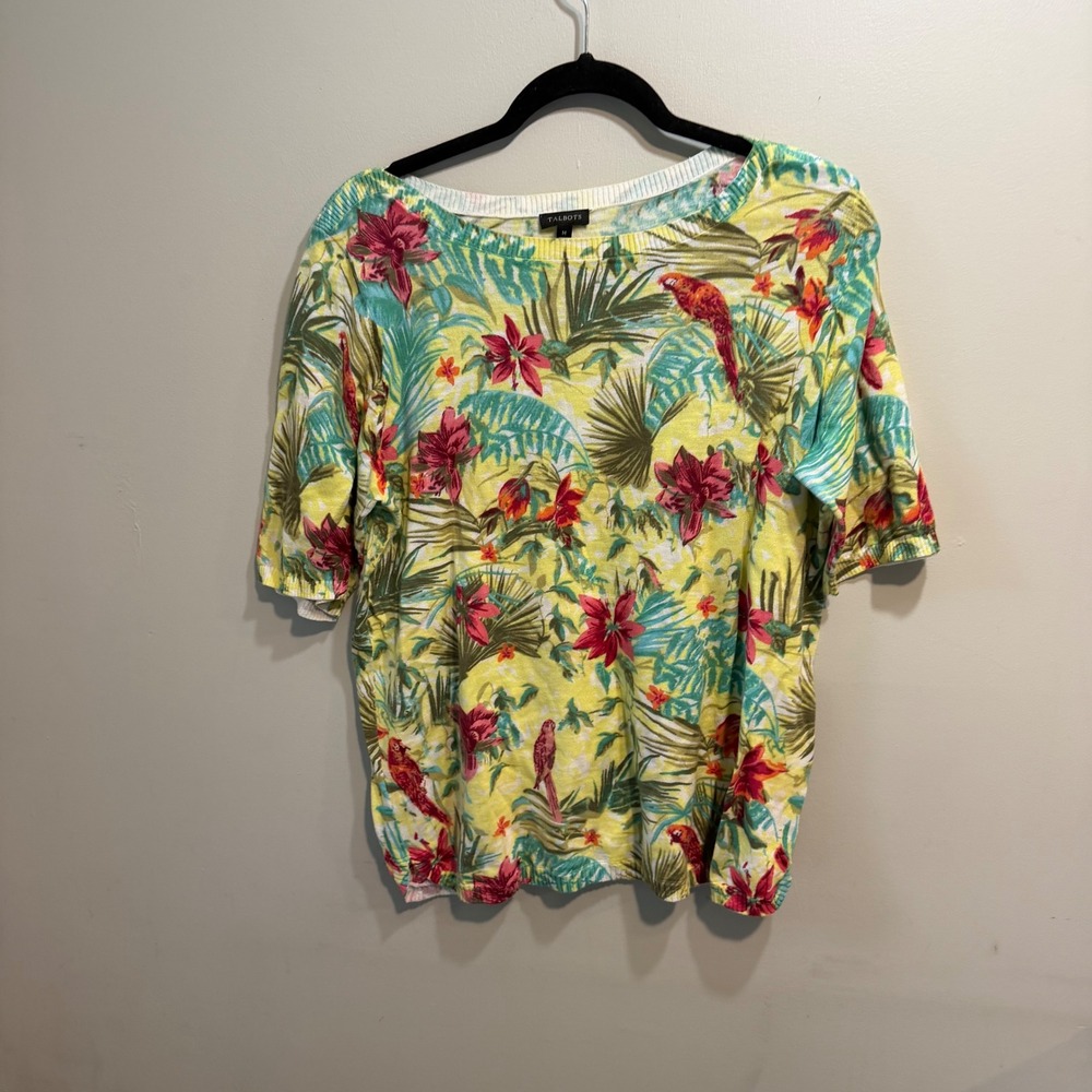 Talbots‎ Womens Yellow Tropical Parrot Floral Cotton Short Sleeve Sweater Size M